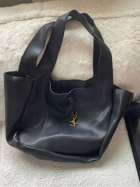 Saint Laurent Black Pebbled Leather Tote with Gold YSL Charm